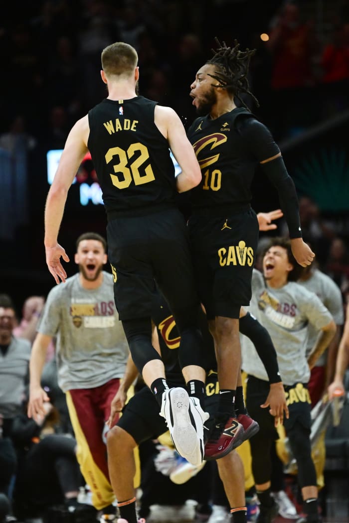 Mar 5, 2024; Cleveland, Ohio, USA; Cleveland Cavaliers forward Dean Wade (32) and Cleveland Cavaliers guard Darius Garland (10) celebrate during the second half against the Boston Celtics at Rocket Mortgage FieldHouse. Mandatory Credit: Ken Blaze-USA TODAY Sports